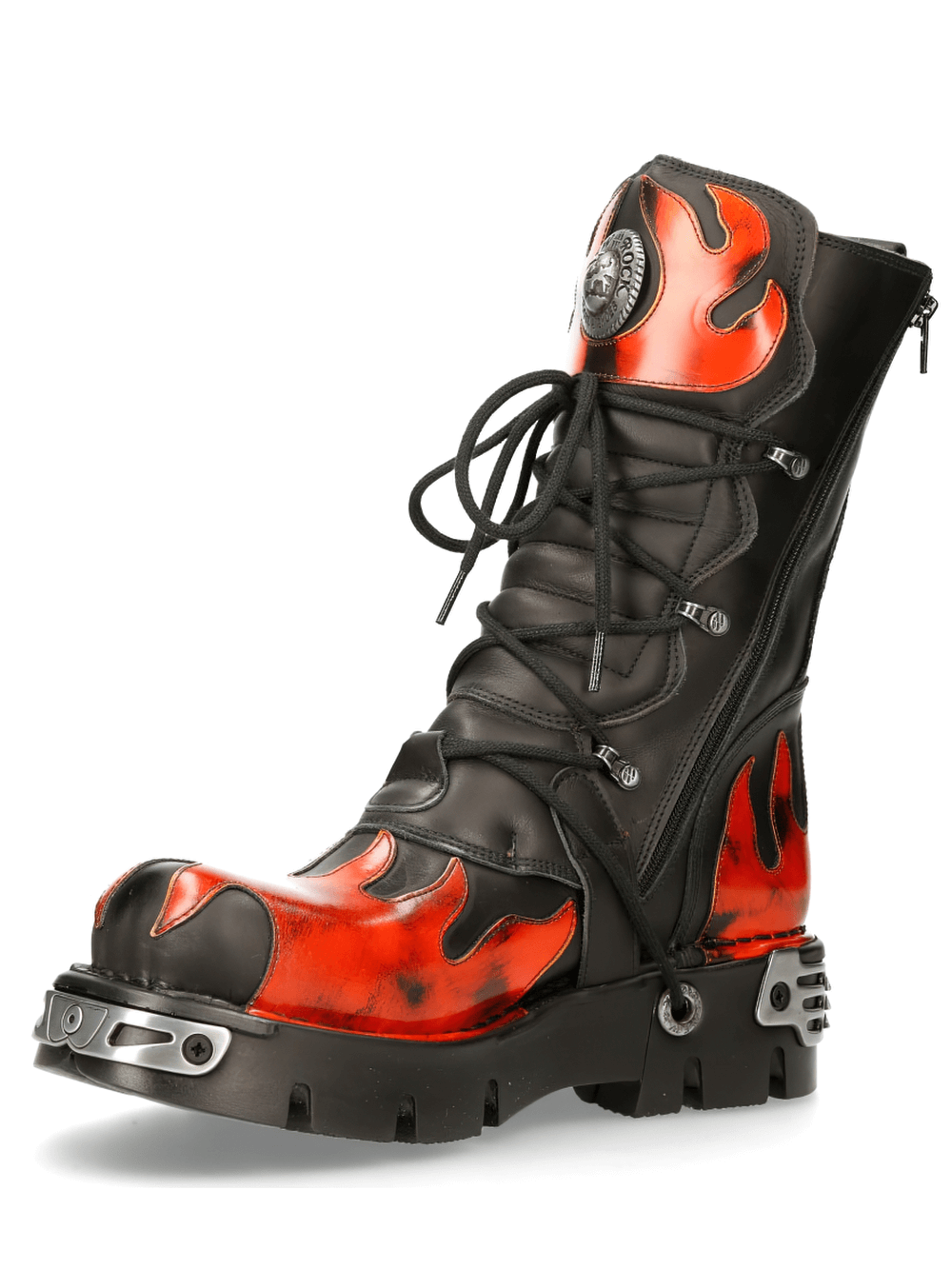 NEW ROCK Flame-Styled Punk Rock Boots for men with metallic accents, zipper, and bold flame design.