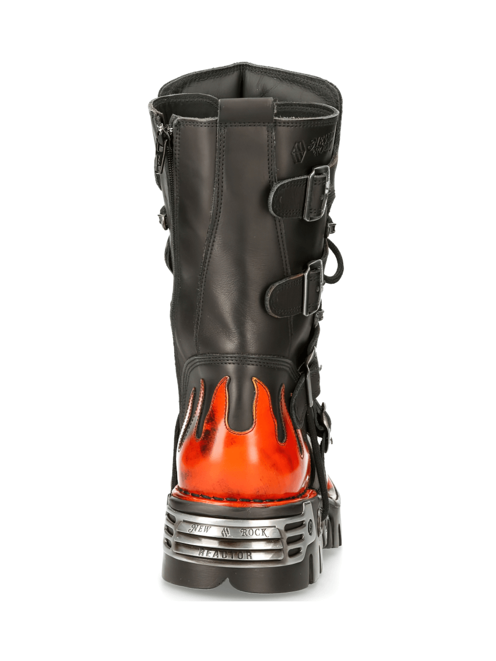 Back view of NEW ROCK Flame-Styled Punk Rock Boots showcasing striking metallic flames and genuine leather craftsmanship.