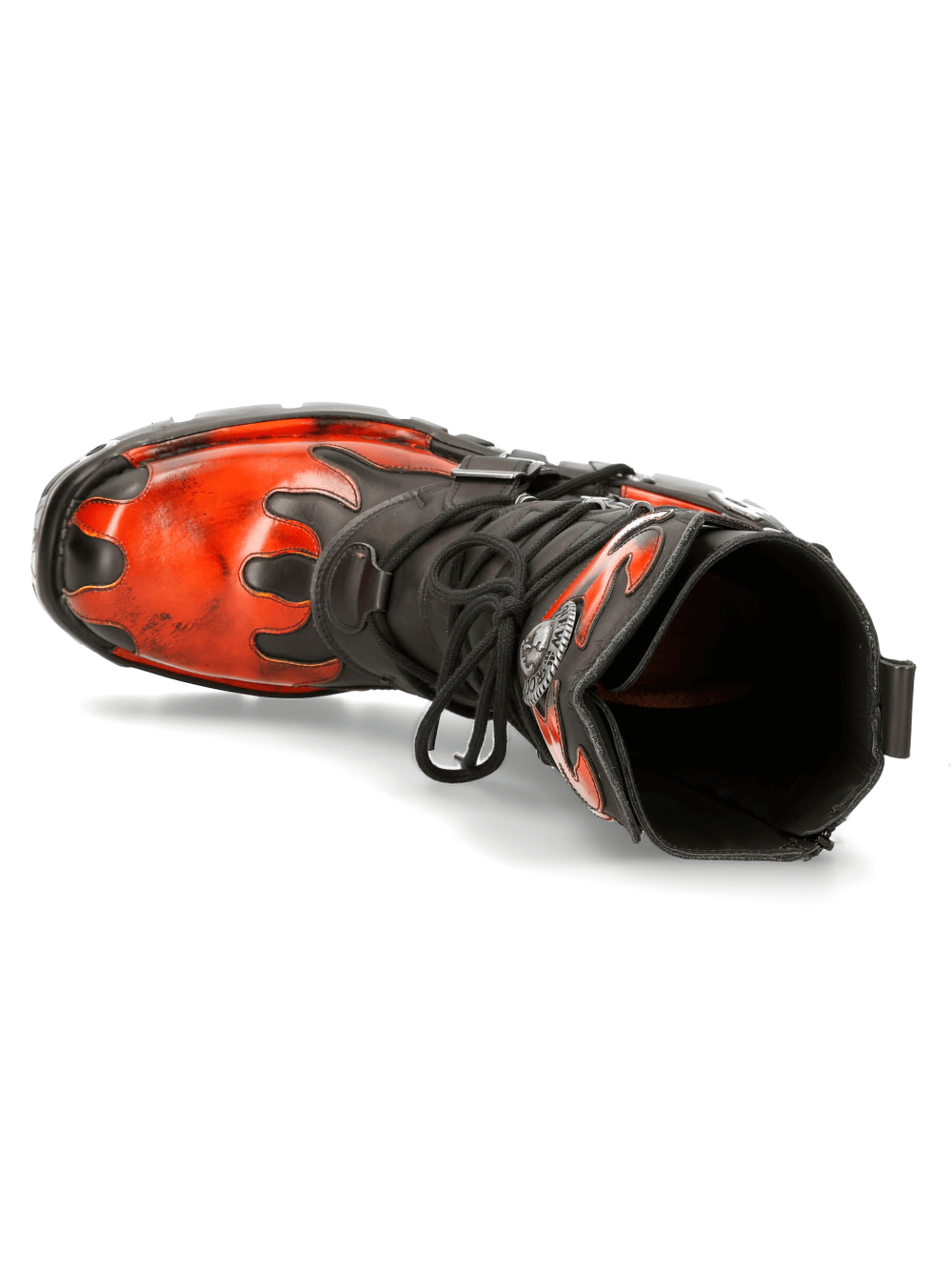 NEW ROCK Flame-Styled punk boots with metal finish, featuring gothic design and zipper detail for bold fashion.