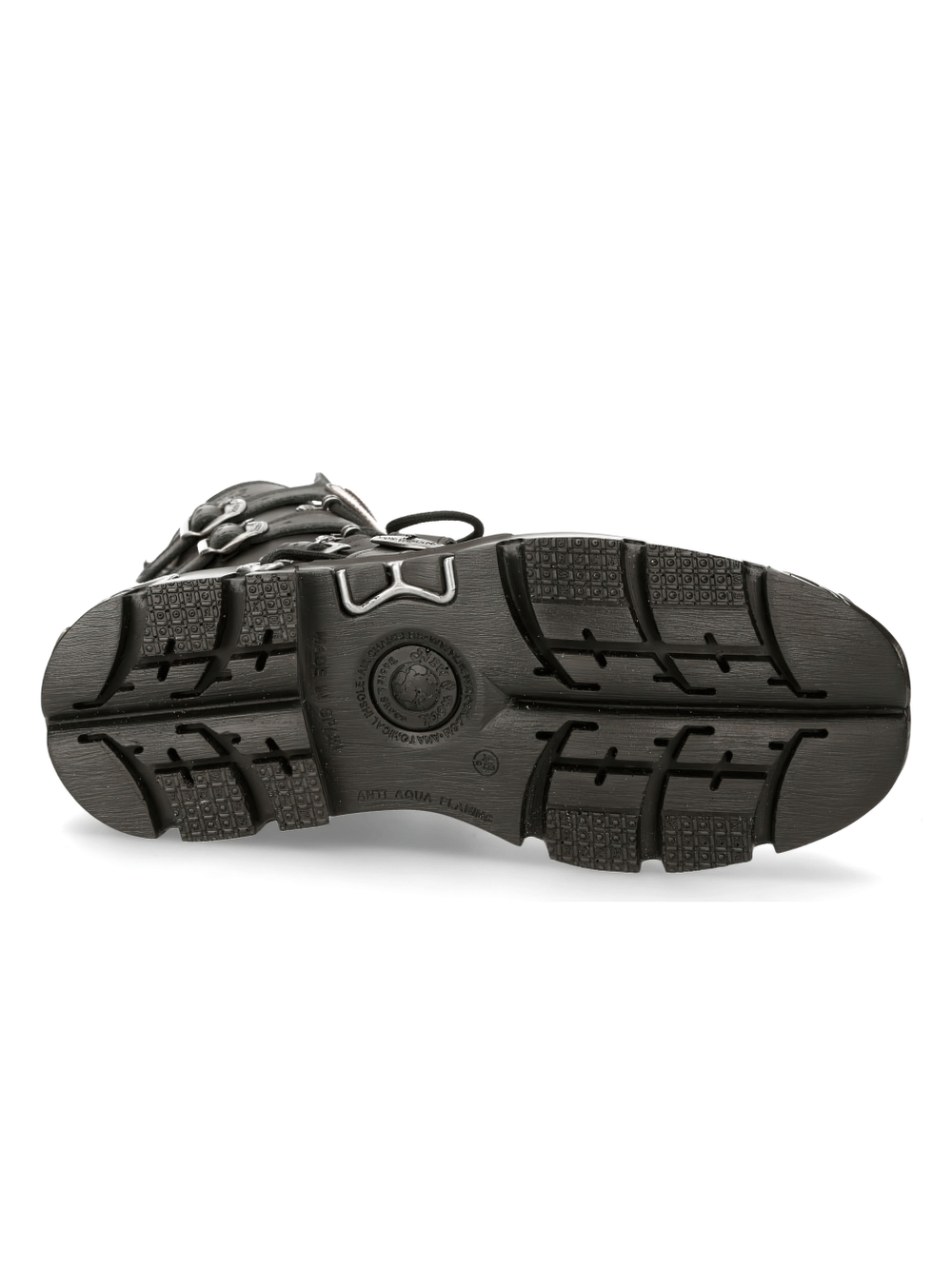 Sole view of NEW ROCK metallic goth punk rock boots, featuring a rugged flat heel and stylish grip for bold fashion.