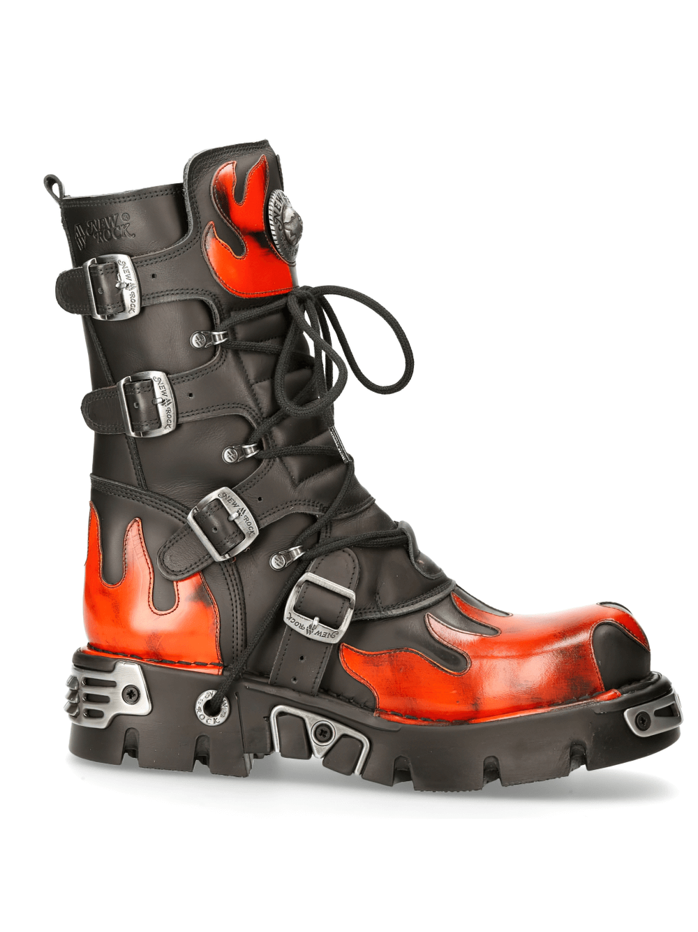 Flame-styled punk rock boots with metallic accents and buckles for bold men's footwear fashion.