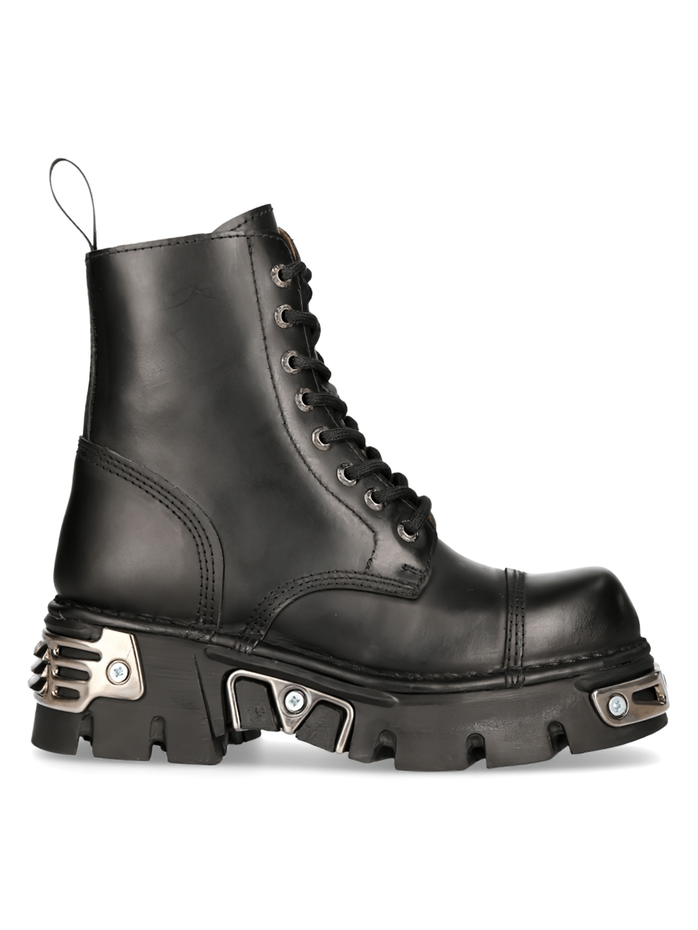 Gothic-inspired black leather ankle boots with metal details and chunky rubber sole.