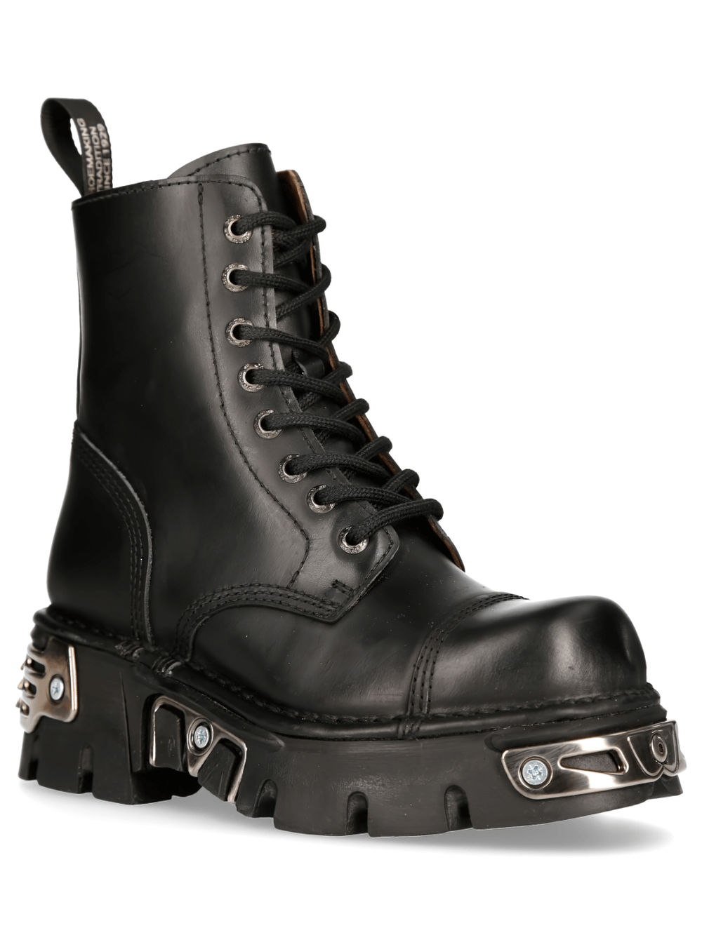Gothic-inspired black leather ankle boots with lace-up closure and metal details.