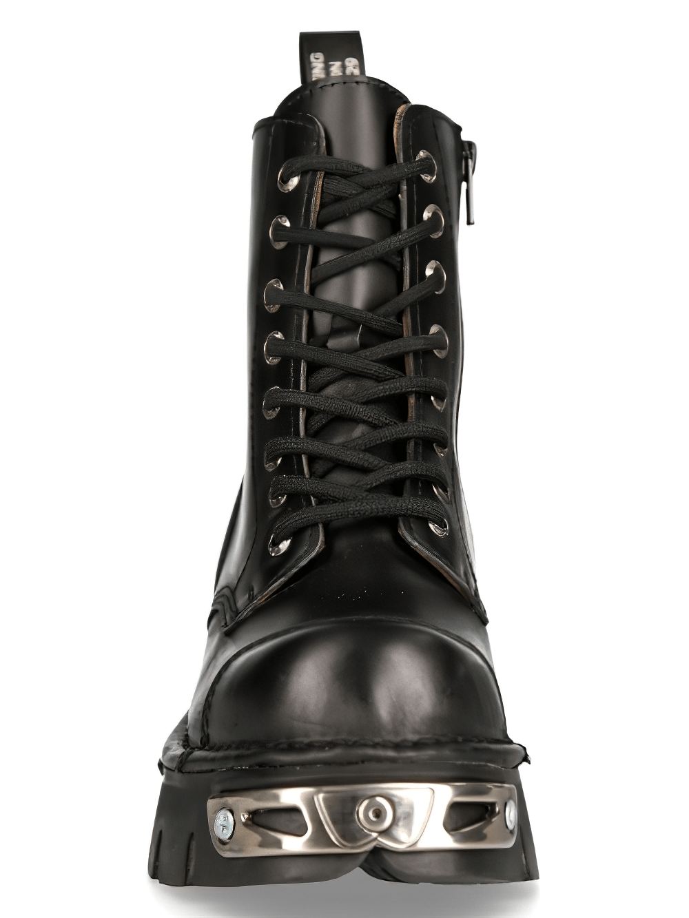Gothic-Inspired black leather ankle boots with metal details and lace-up closure, perfect for a rebellious wardrobe.