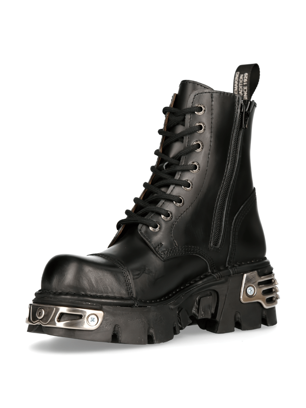 Gothic black leather ankle boot with metal details, lace-up design, and rugged rubber sole.