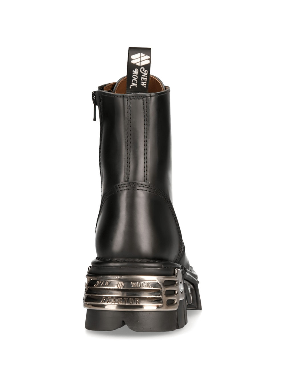 Back view of NEW ROCK Men's Black Leather Ankle Boots featuring metal details and sturdy zipper for edgy style.