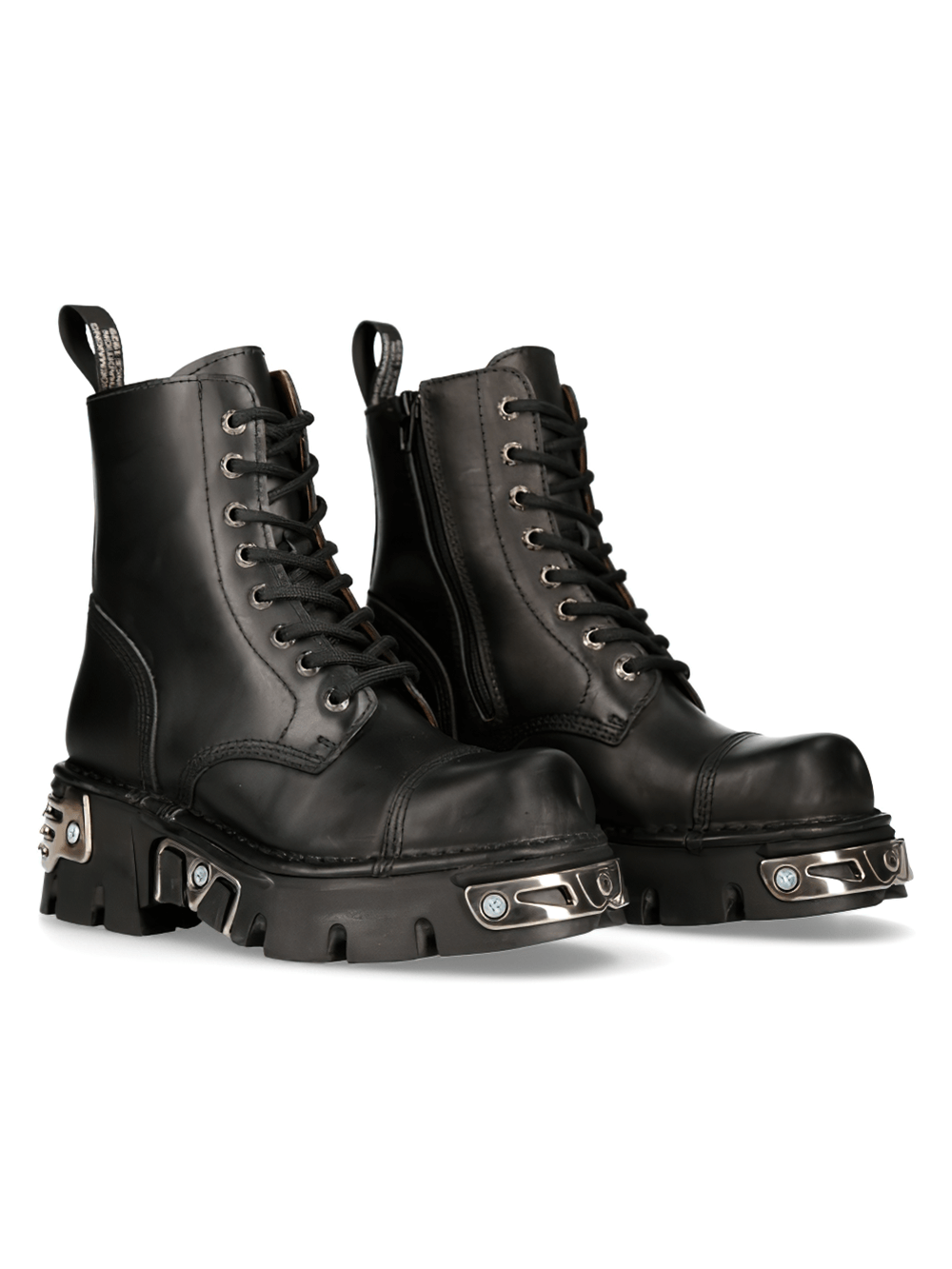 NEW ROCK Men's Gothic Black Leather Ankle Boots with Metal Details, edgy punk style, lace-up closure.