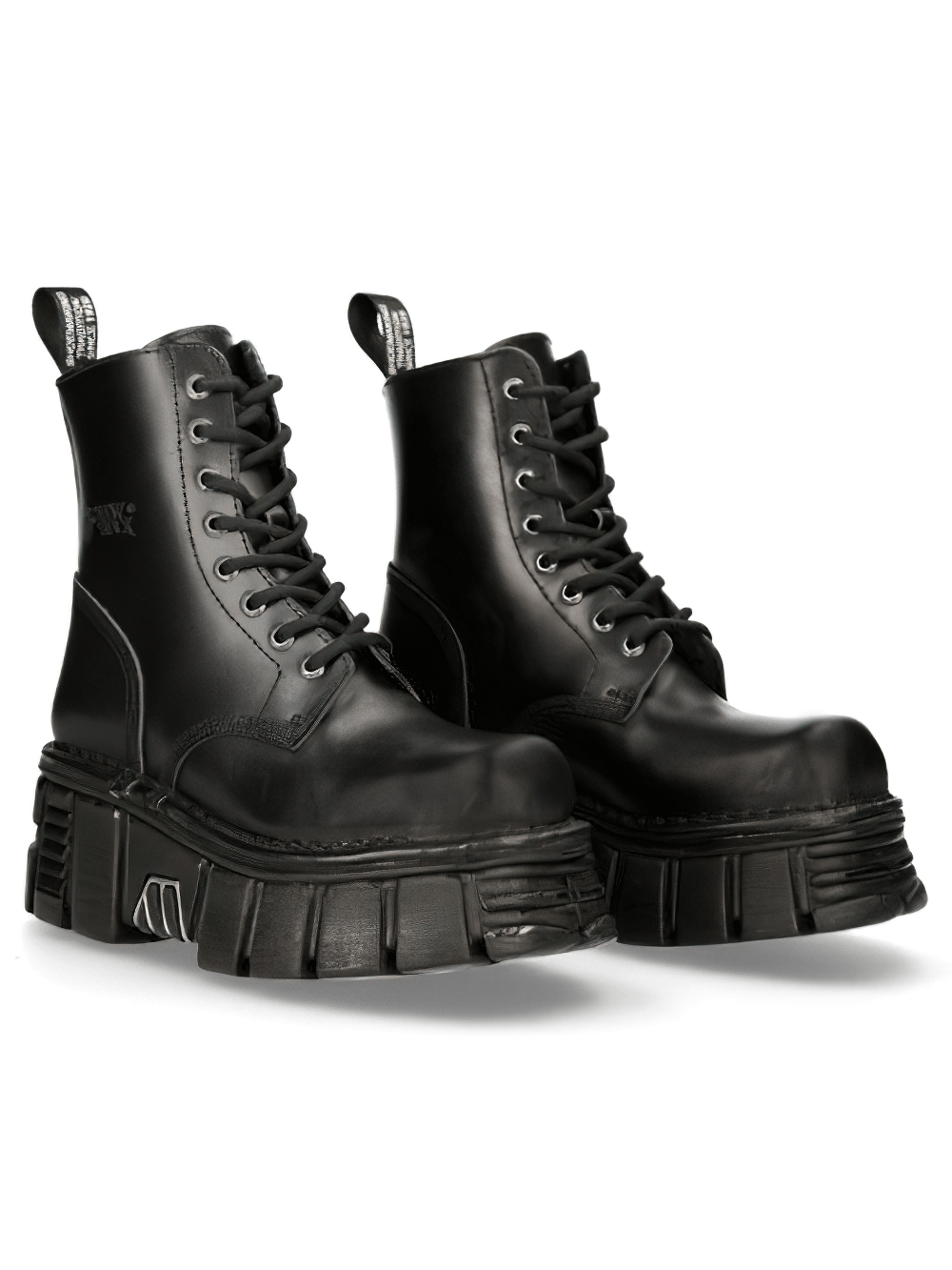 NEW ROCK bold black leather ankle boots with platform sole and lace-up design, perfect for edgy fashion enthusiasts.