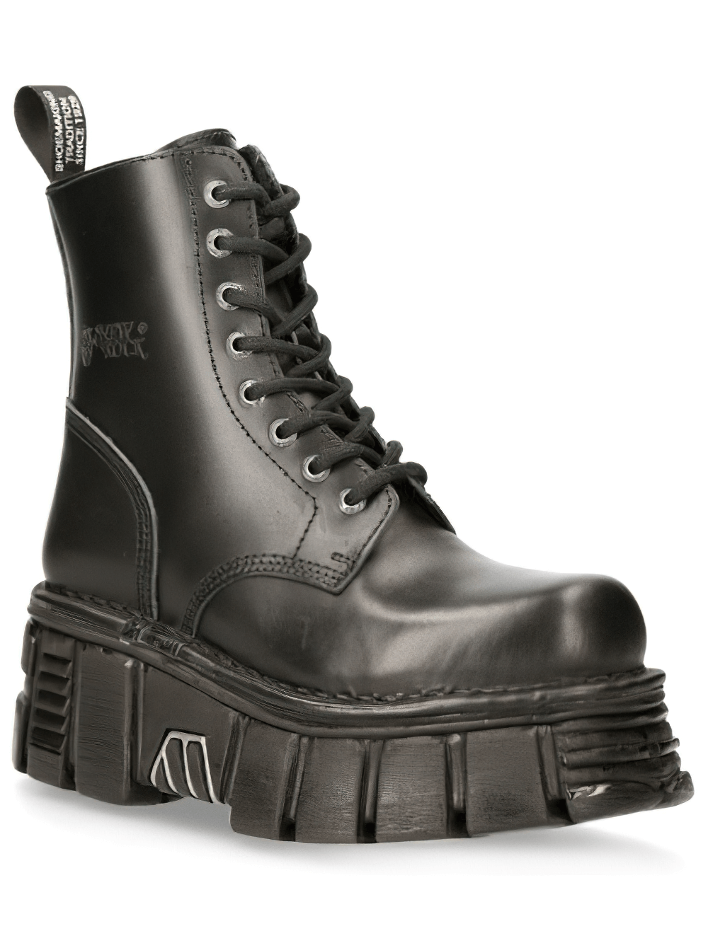 Bold black leather ankle boots with platform sole, lace-up design, perfect for edgy fashion enthusiasts.