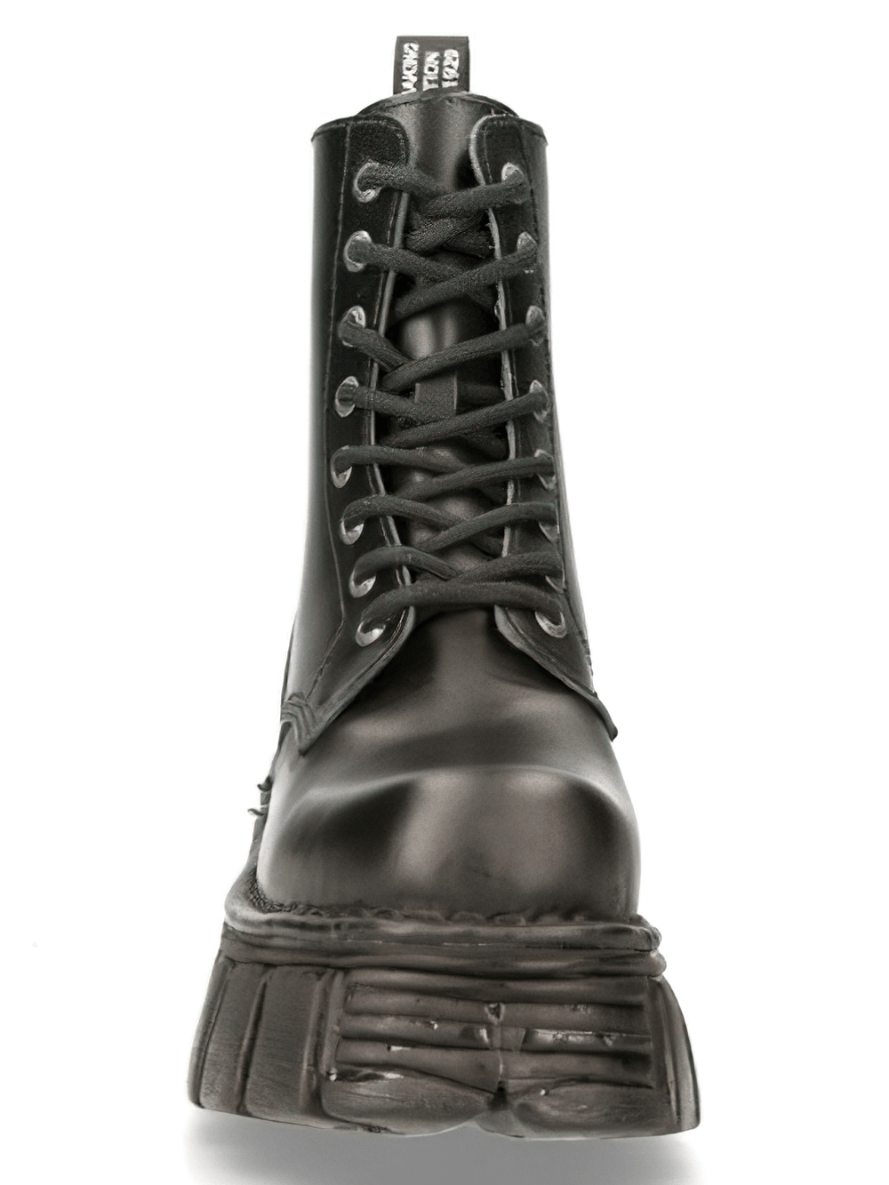 NEW ROCK black leather ankle boots with platform sole, featuring a bold lace-up design and edgy military style.