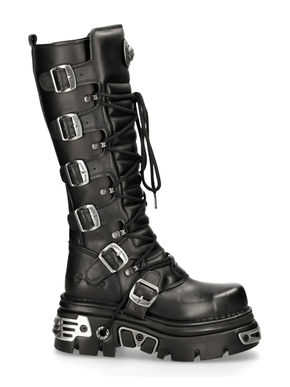 NEW ROCK Men's knee-high gothic punk boots with laces and metallic accents, featuring a steel toe and durable leather.