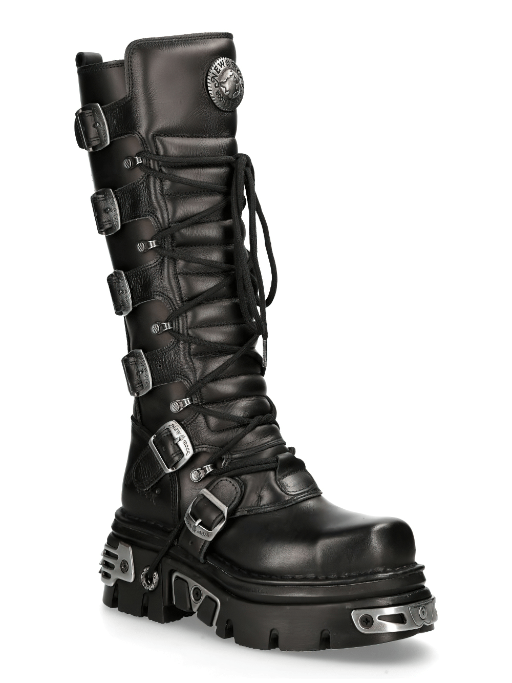 NEW ROCK Men's genuine leather knee-high boots with metallic elements and laces, perfect for gothic punk style.