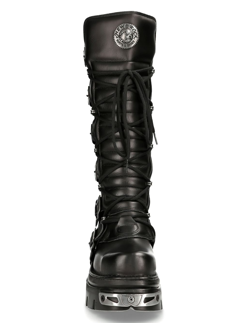 NEW ROCK men's knee-high leather boots with laces and metallic accents, perfect for gothic punk style.