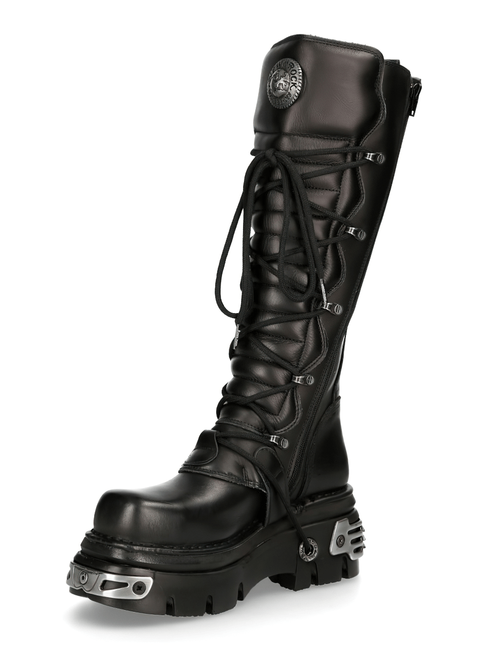 NEW ROCK men's knee-high leather boots with gothic punk style and metallic accents, featuring a stylish lace-up design.