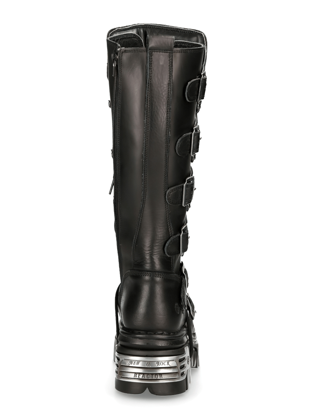 Men's black knee-high gothic punk boots with laces, featuring metallic accents and buckles on the back.
