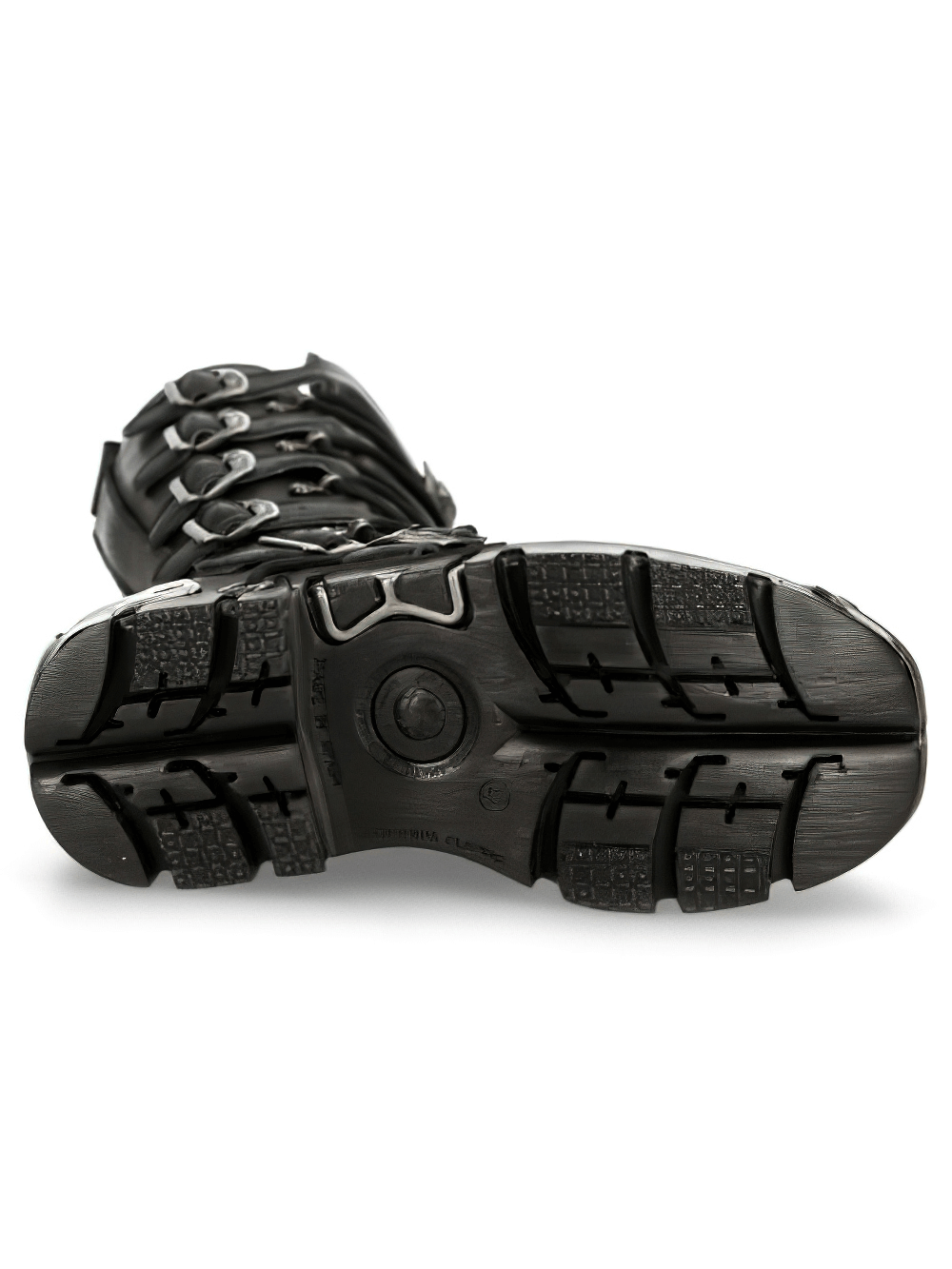 View of the black rubber sole of New Rock men's knee-high boots, showcasing traction and durability for rockstar vibes.