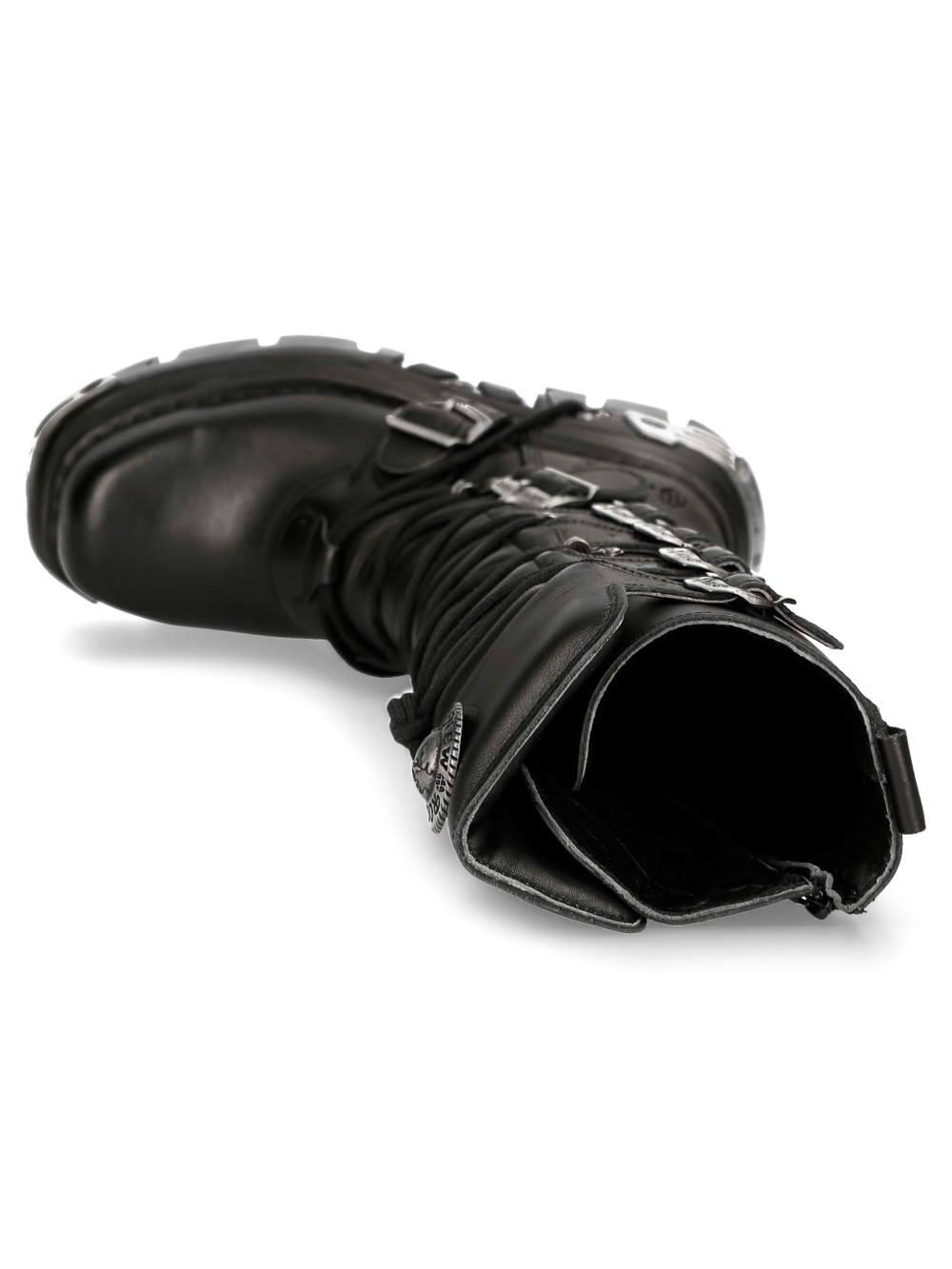 Close-up of NEW ROCK men's genuine leather knee-high boots with metallic accents and laces.