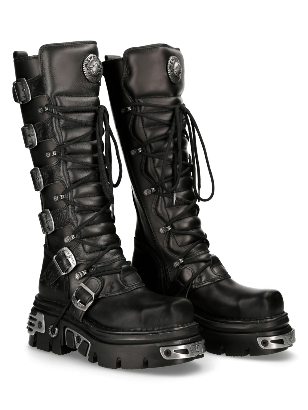 Men's knee-high gothic punk boots in black leather with laces and metallic accents, perfect for making a bold statement.