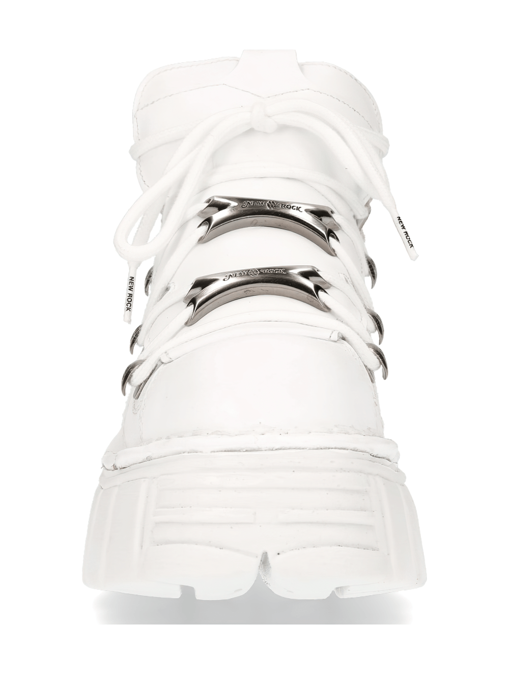 Stylish white ankle boots with metallic lace accents and a chunky sole, perfect for edgy fashion lovers.