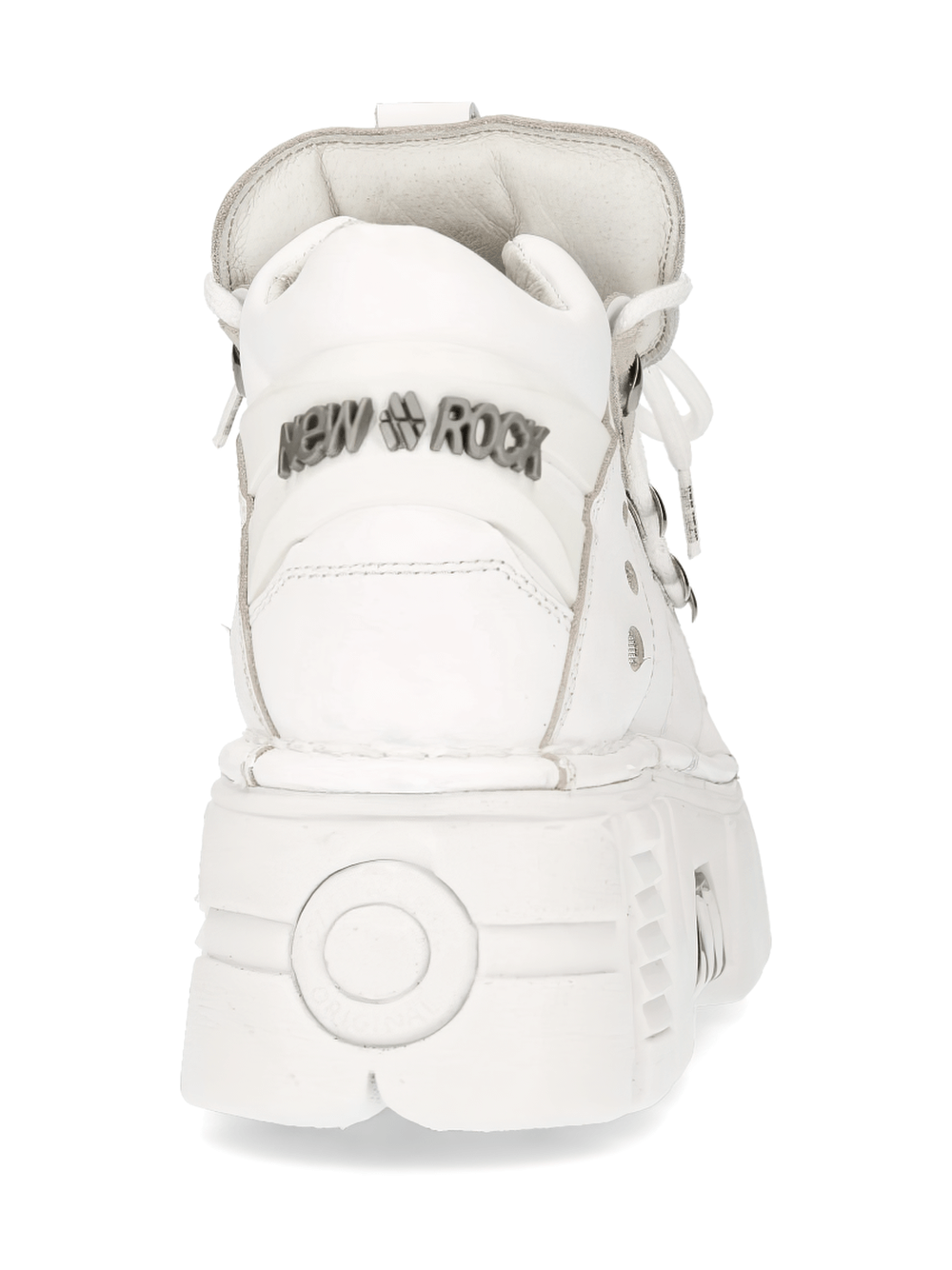 NEW ROCK white chunky ankle boots with logo and platform heel for punk style and edgy fashion.