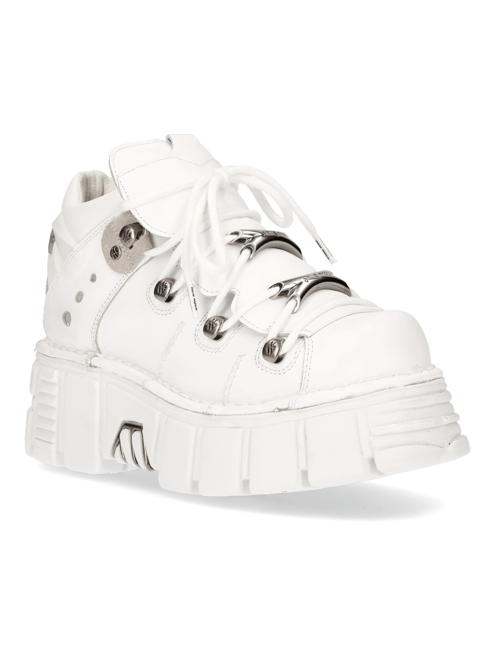NEW ROCK white metallic platform ankle boots with lace-up design for edgy punk style.