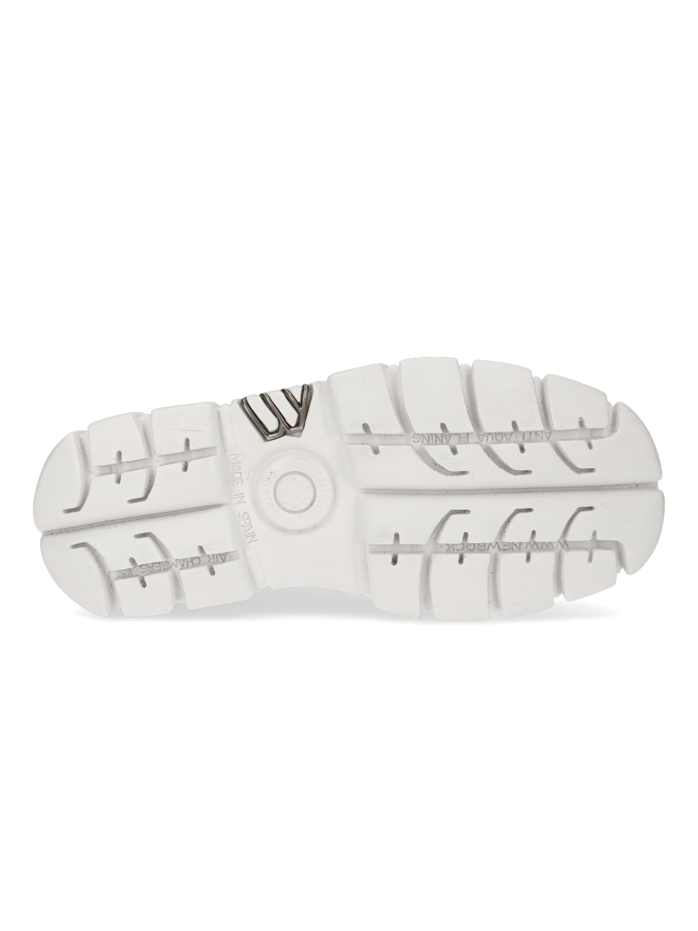 Sole view of white sneaker, featuring modern tread design for optimal grip and comfort.