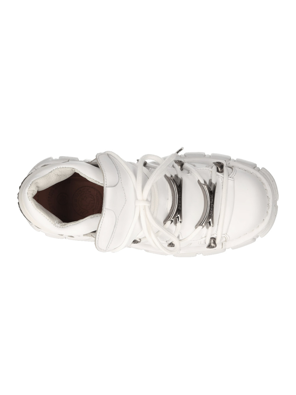 Top view of edgy white ankle boots with metallic accents, perfect for a stylish punk and rock look.