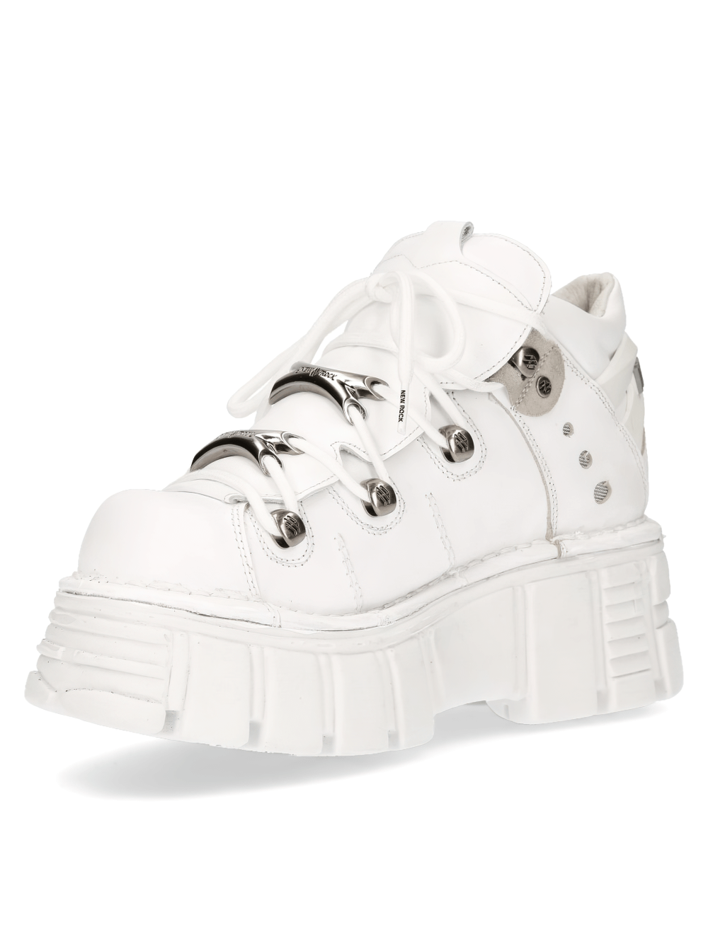 Edgy white platform sneakers with metallic accents and unique lace-up design, perfect for a punk fashion statement.