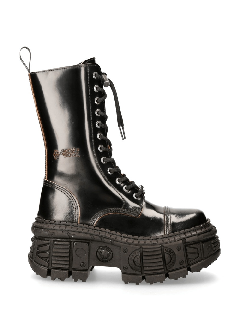 Glossy black platform boots with chunky sole and laces from NEW ROCK, showcasing an edgy, urban style.