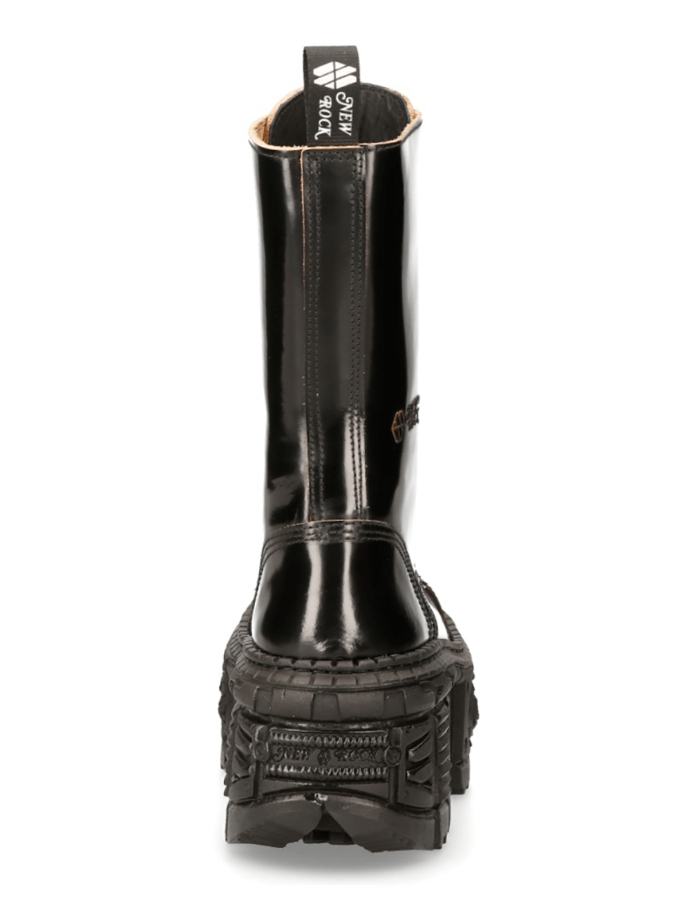 Glossy black NEW ROCK platform boots with chunky sole, showcasing a bold heavy rock urban style.
