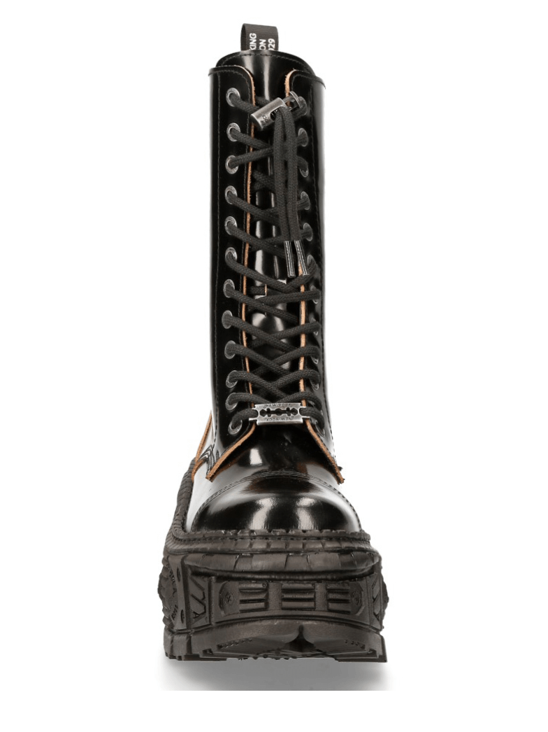 NEW ROCK glossy black platform boot with chunky sole and laces, featuring a high-rise shaft and urban style.