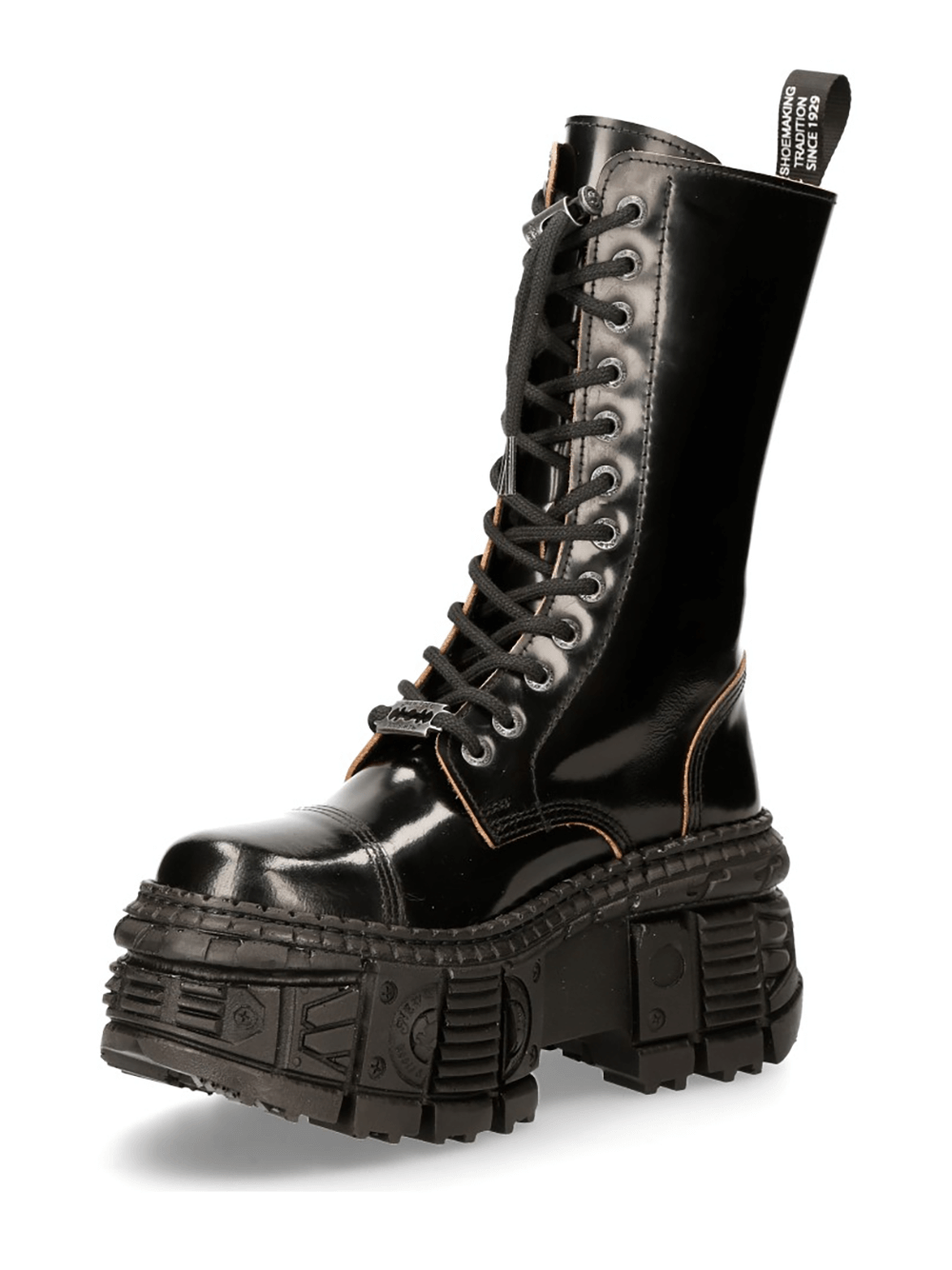 NEW ROCK glossy black platform boots with chunky sole and lace-up design for an edgy urban style.