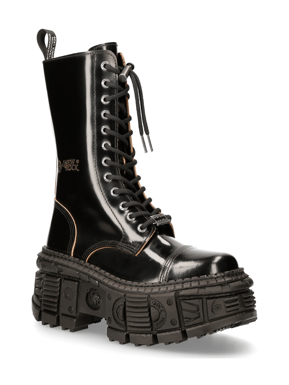 NEW ROCK glossy black platform boots with chunky sole and lace-up design for a bold urban style.