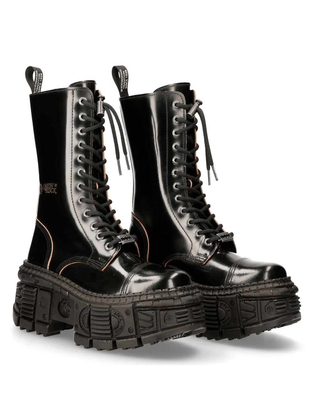 NEW ROCK Glossy black platform boots with chunky sole and laces, perfect for a bold urban fashion statement.