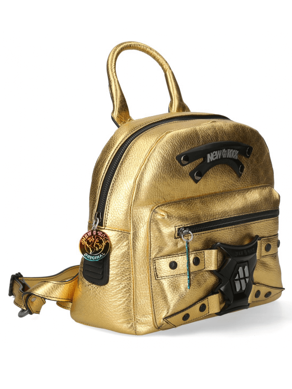 NEW ROCK metallic gold backpack with adjustable straps, zipper and buckle closure for gothic punk style.