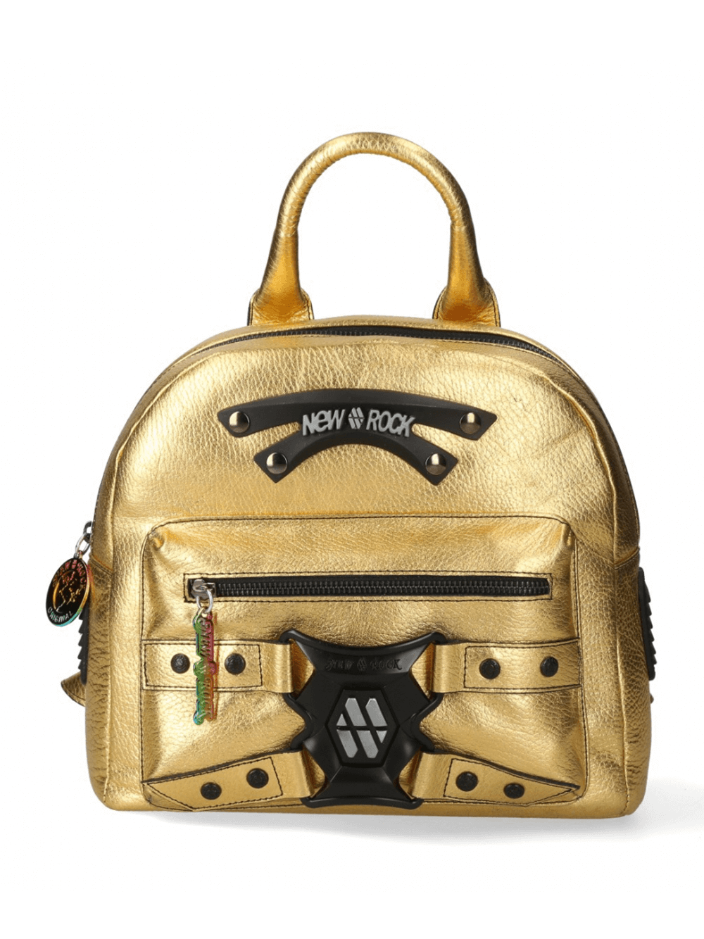 NEW ROCK metallic gold backpack with zipper and buckle closure, stylish punk fashion accessory.