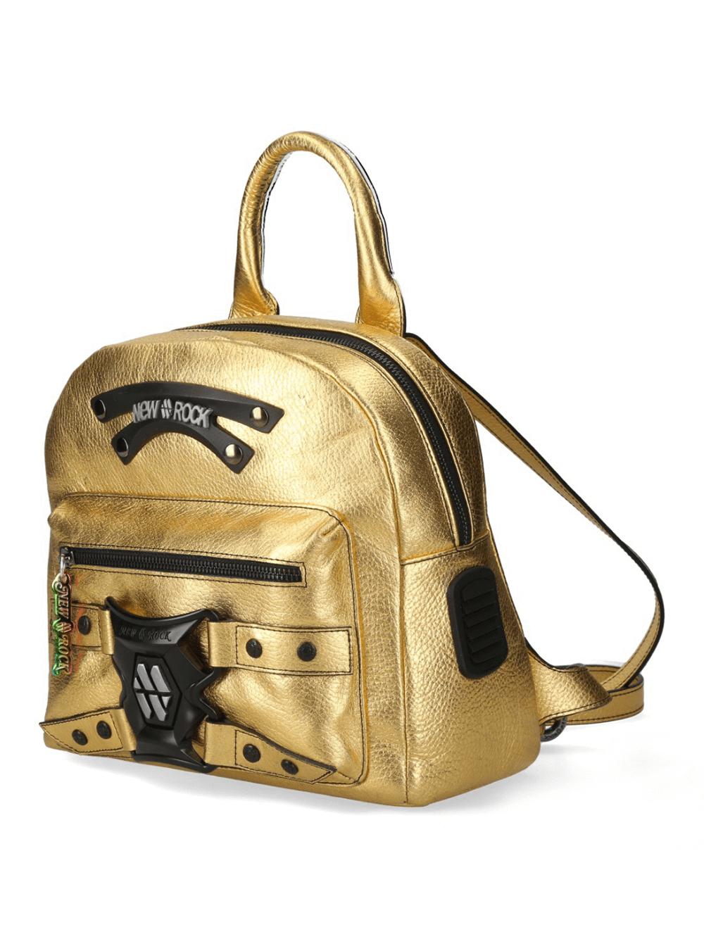 Stylish NEW ROCK gold metallic backpack with zipper and buckle closure, perfect for punk and gothic fashion.