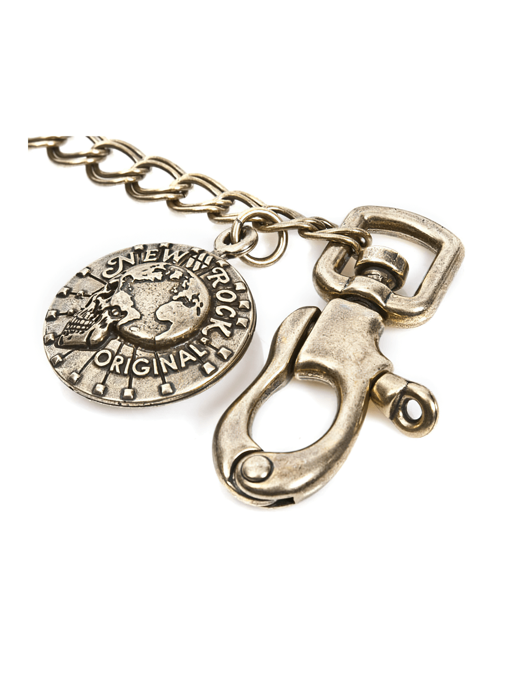 Gold gothic chain keychain featuring a detailed emblem charm and sturdy buckle clasp, perfect for punk and heavy metal fans.