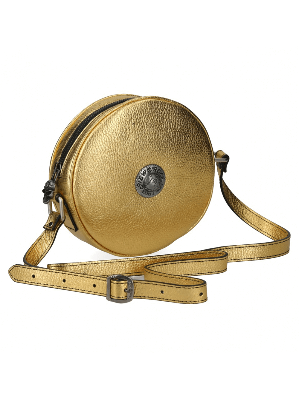 Stylish gold metallic round crossbody bag with zipper closure and adjustable strap for punk fashion lovers.