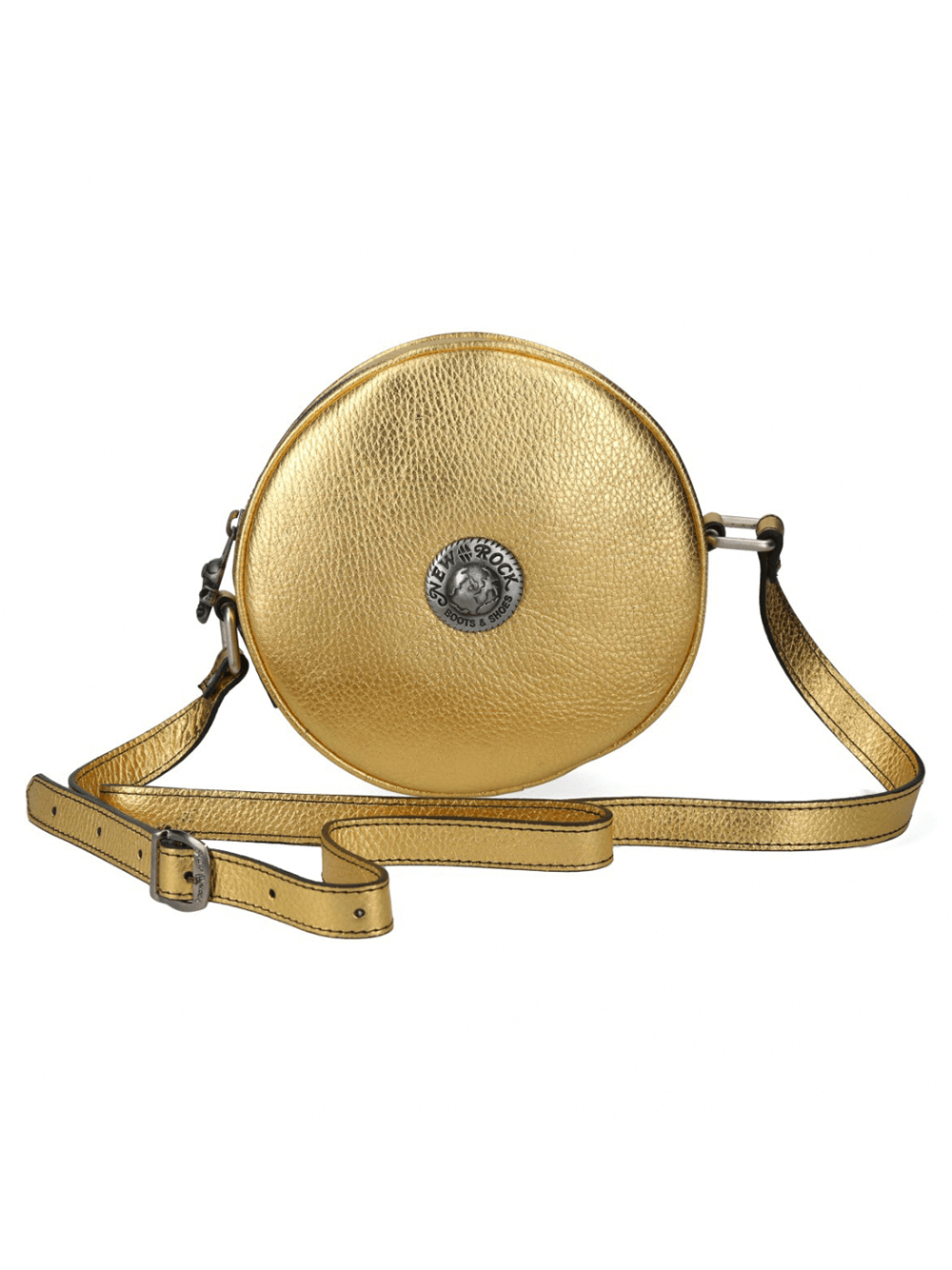 Edgy gold metallic round crossbody bag with zipper closure, perfect for punk and gothic style.