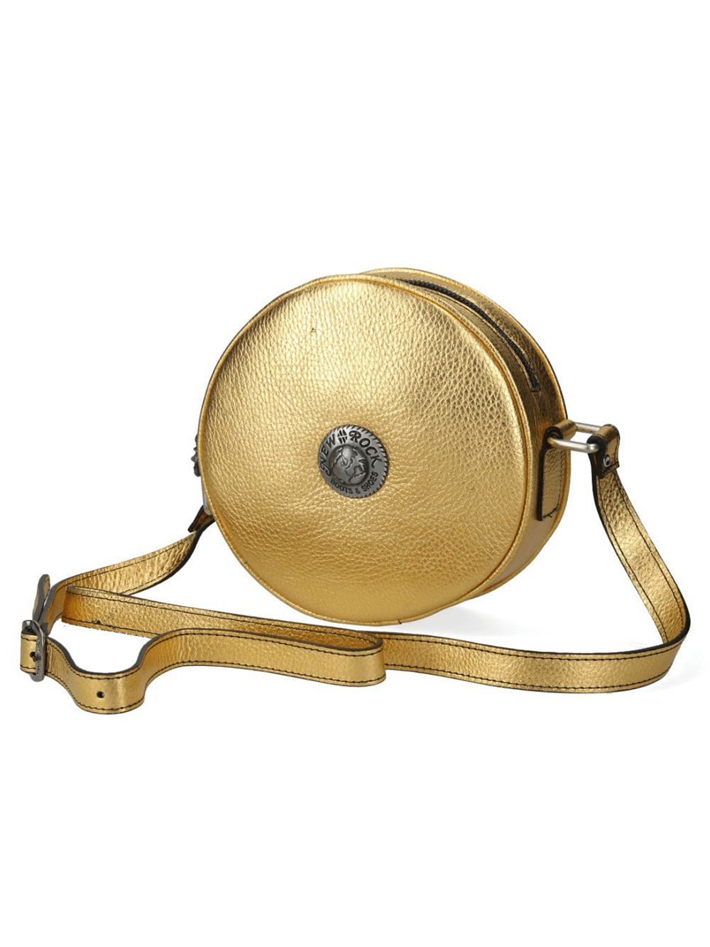 Gold metallic round crossbody bag with zipper closure, perfect for punk and gothic fashion lovers.