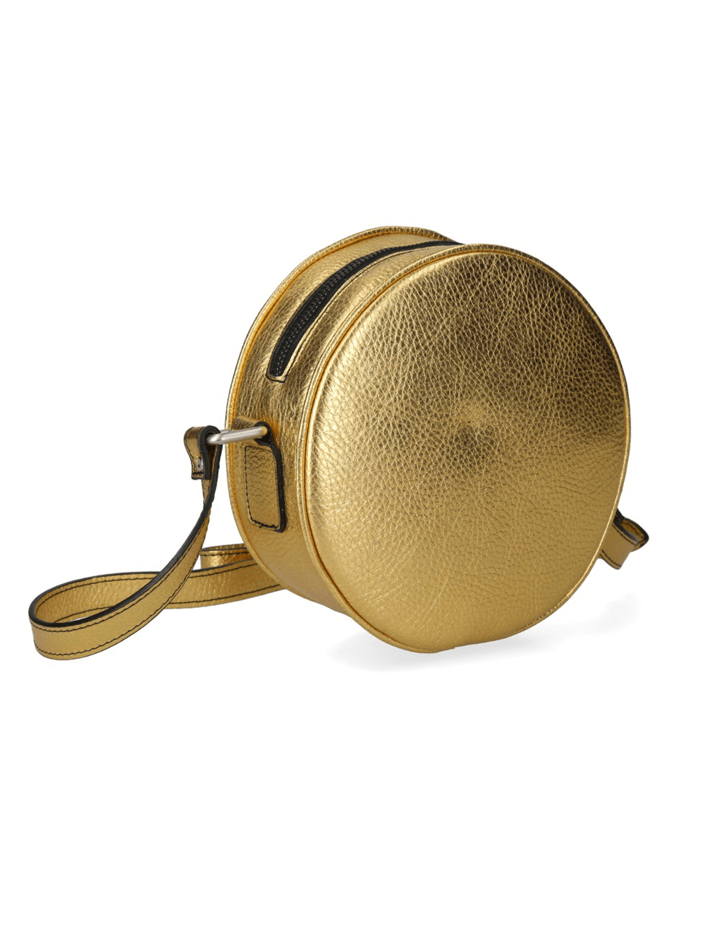 Gold metallic round crossbody bag with zipper closure, perfect for punk and gothic style lovers.