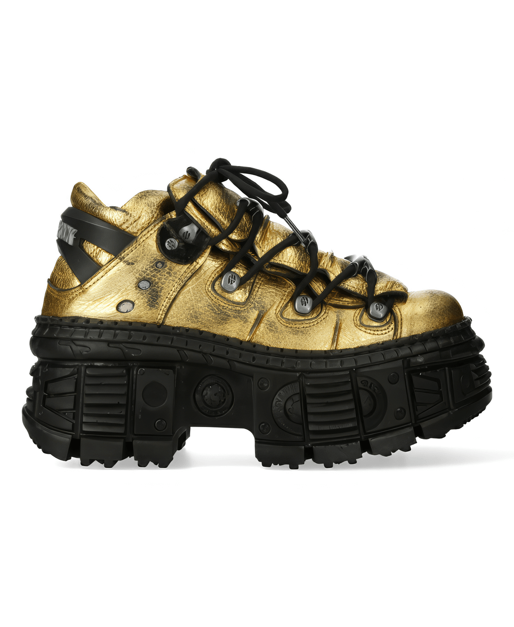 NEW ROCK gold leather ankle boots with chunky black soles and lace-up design, perfect for a bold rock-inspired look.
