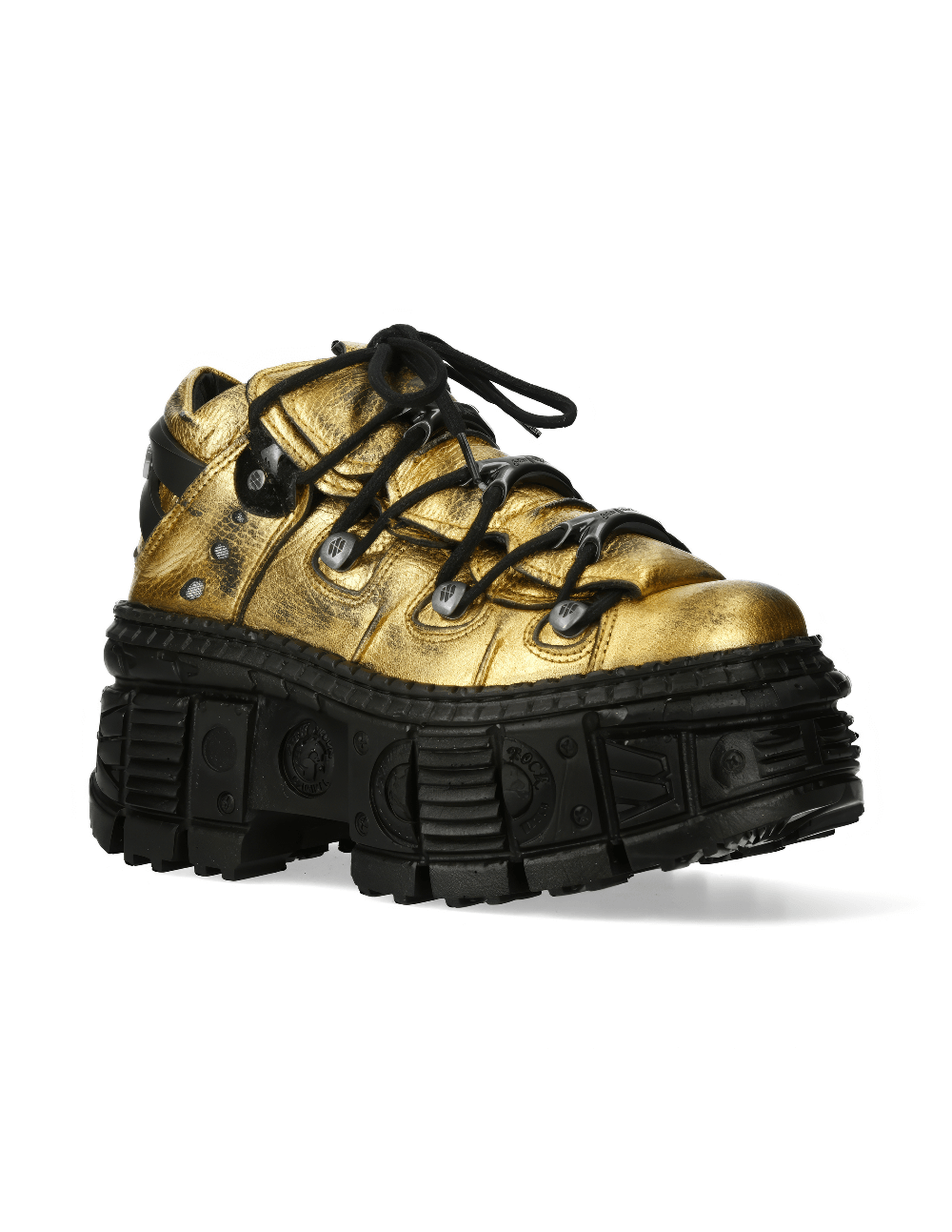 Gold rock-inspired ankle boots with chunky black soles for a bold fashion statement.