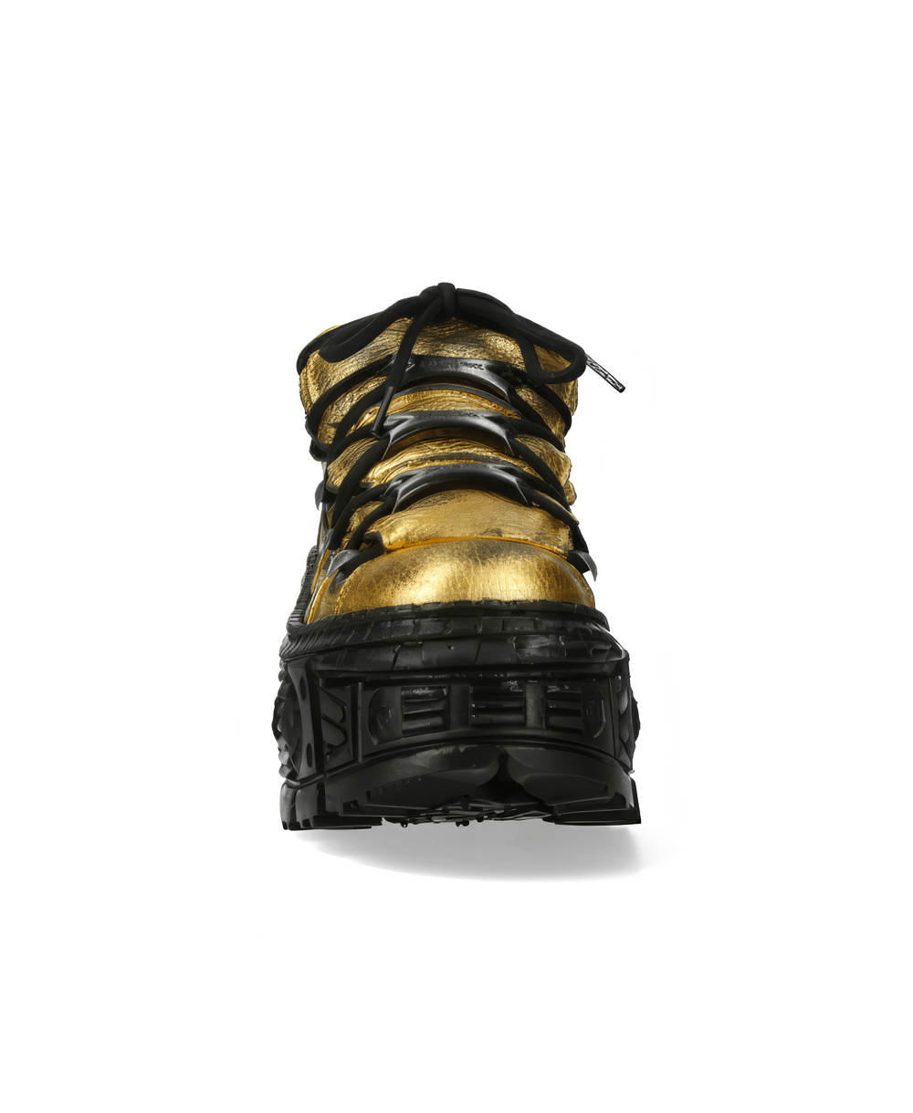 Men's golden leather ankle boots with a bold rock design and lace-up detail.