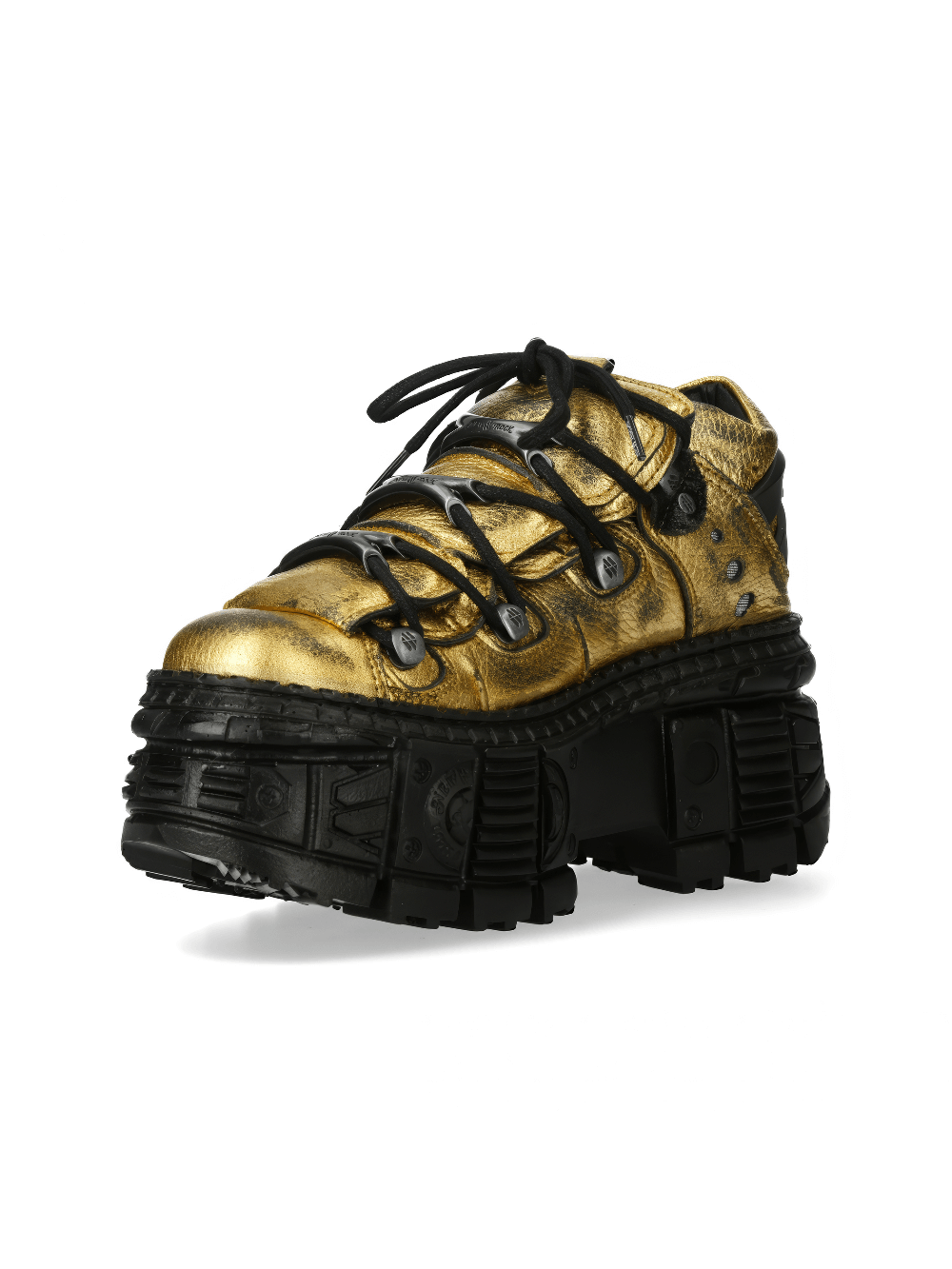Stylish New Rock men's golden ankle boots with lace-up design and rugged black soles.
