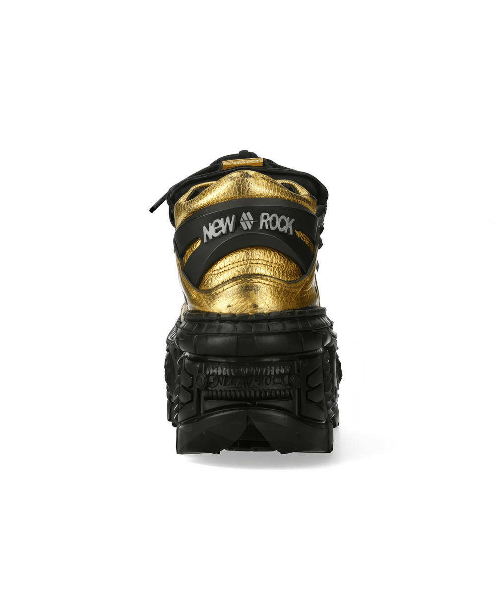 Back view of NEW ROCK Men's Gold Ankle Boots showcasing bold metallic finish and robust design.