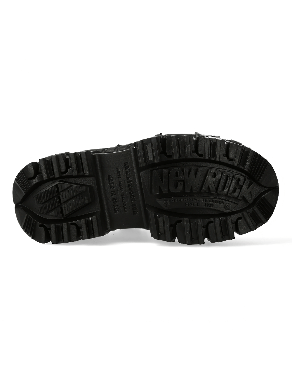 New Rock ankle boot sole with bold tread design, showcasing durability and rock-inspired style.