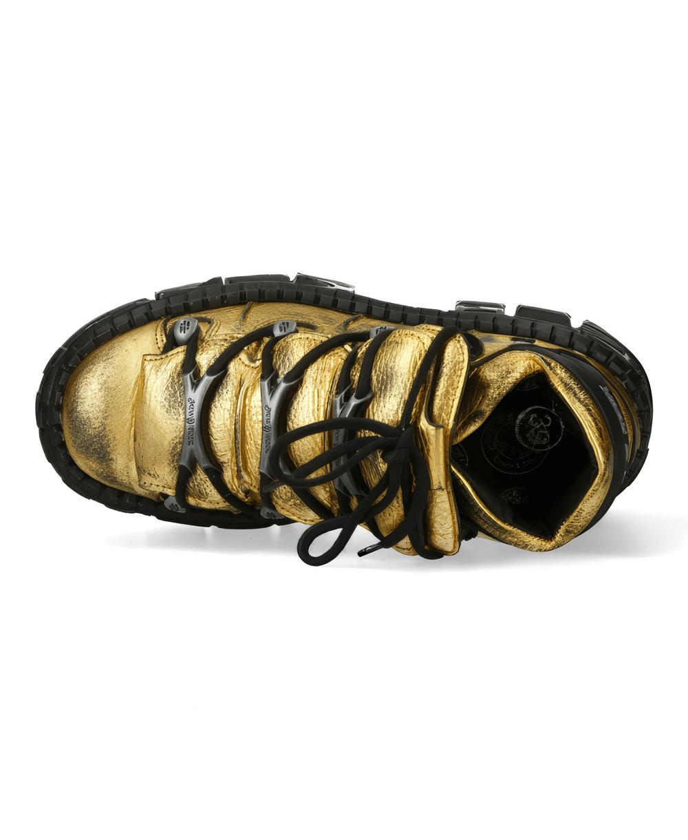 Top view of NEW ROCK Men's Gold Leather Ankle Boots, featuring a lace-up design and rugged black sole.