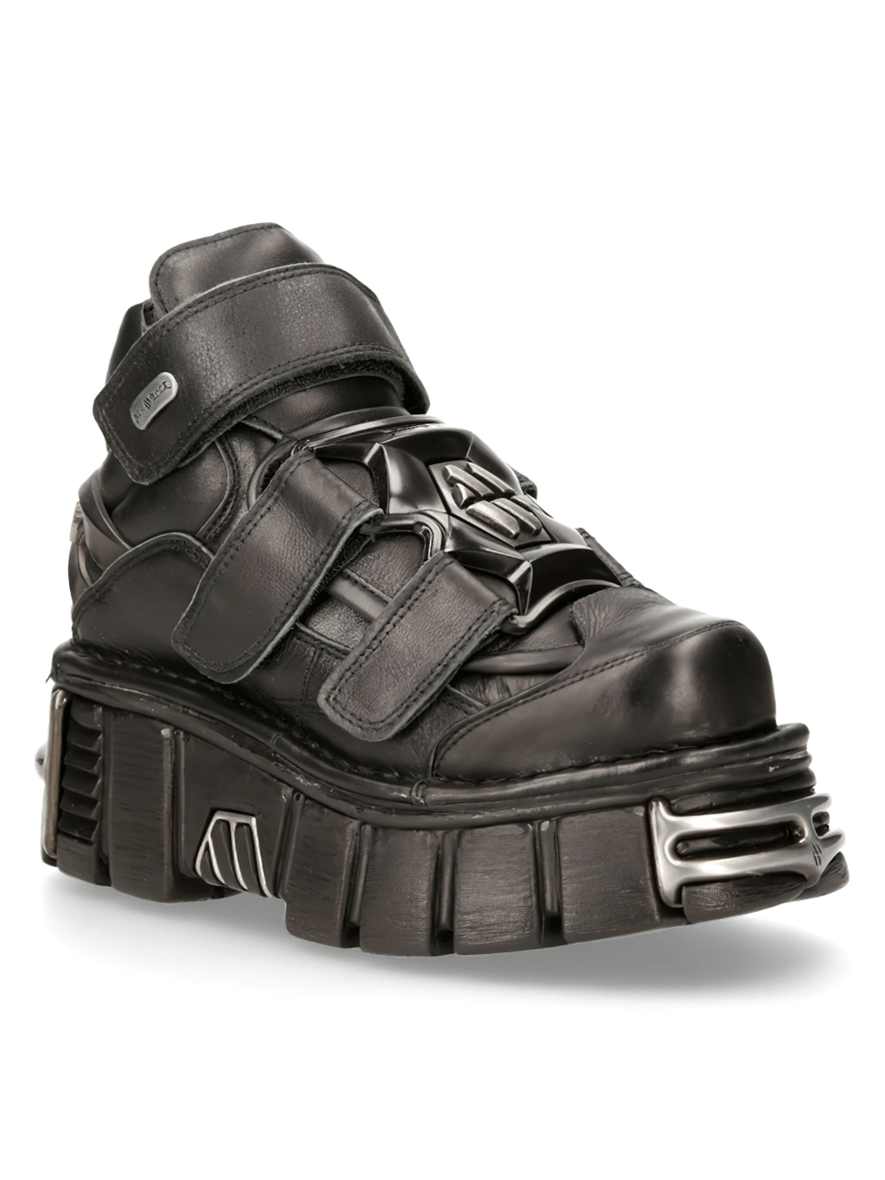 NEW ROCK Men's Goth Ankle Boots in black leather with metallic accents and Velcro straps, featuring bold design and platform sole.